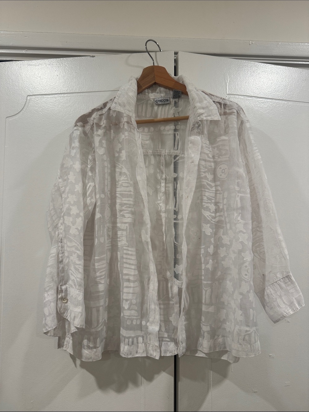 Chico's White Sheer Patterned Button-Down Shirt